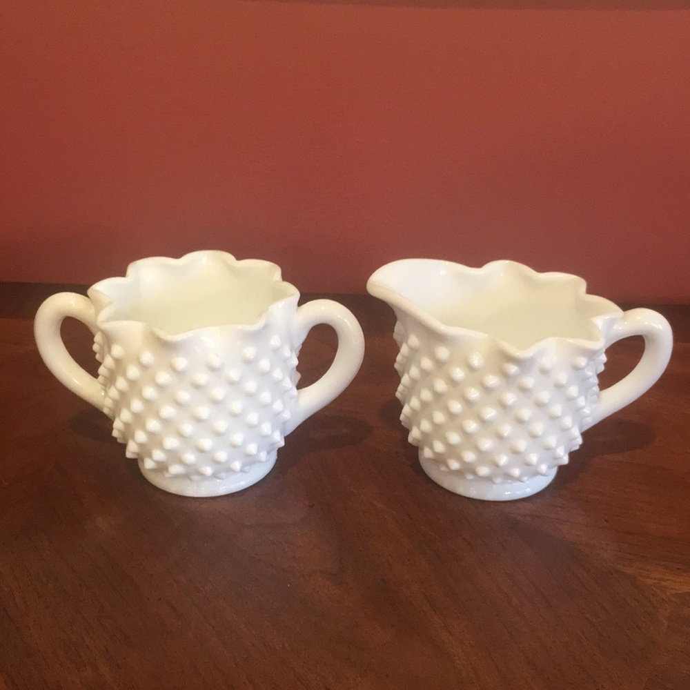 Vintage Fenton Hobnail Milk Glass Creamer & Sugar Bowl Set Scalloped Edge Signed